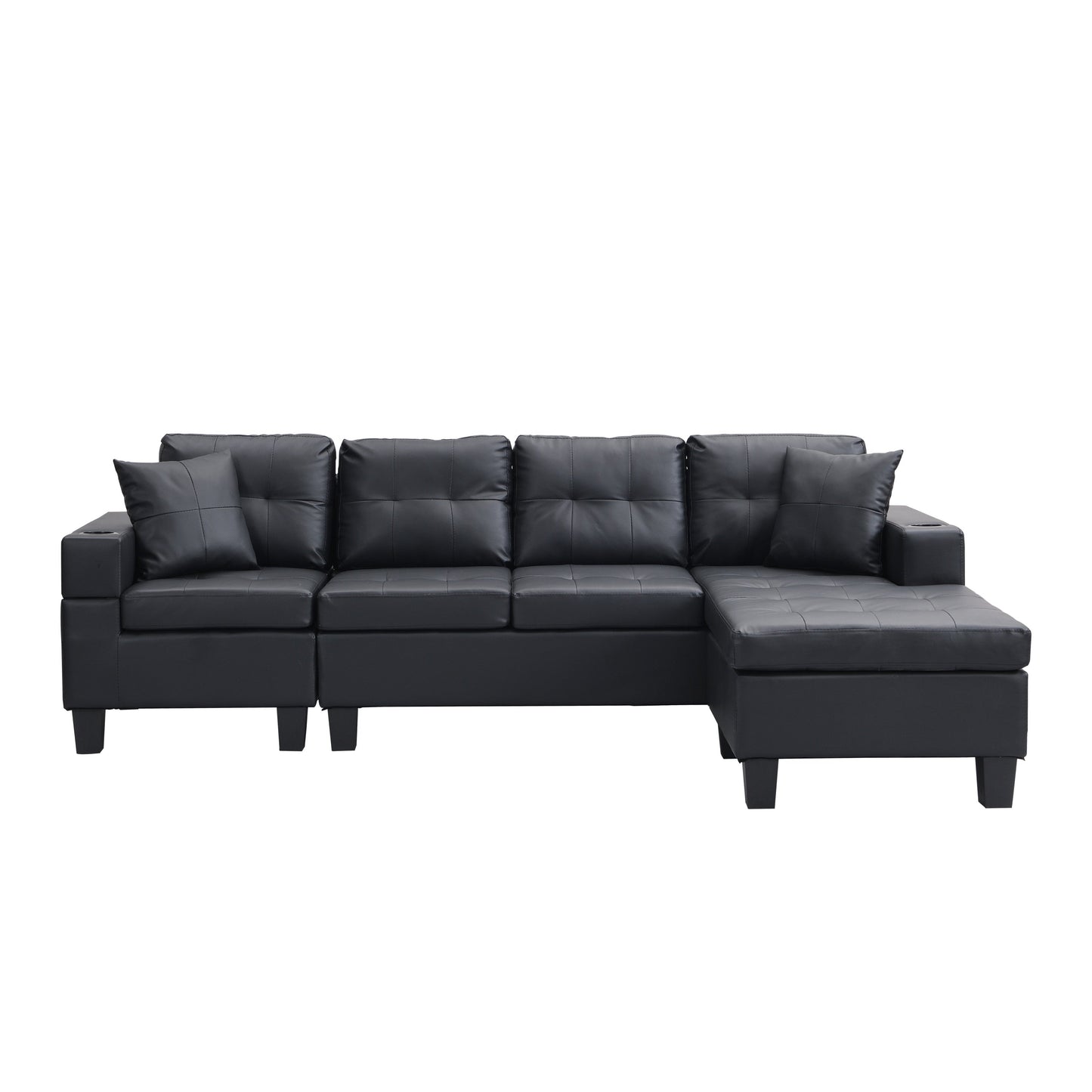 Sectional Sofa L-Shape Chaise PU Leather Black 4-Seat Cup Holders 96x57 In