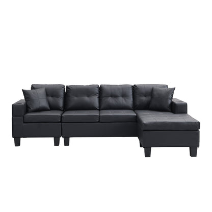 Sectional Sofa L-Shape Chaise PU Leather Black 4-Seat Cup Holders 96x57 In