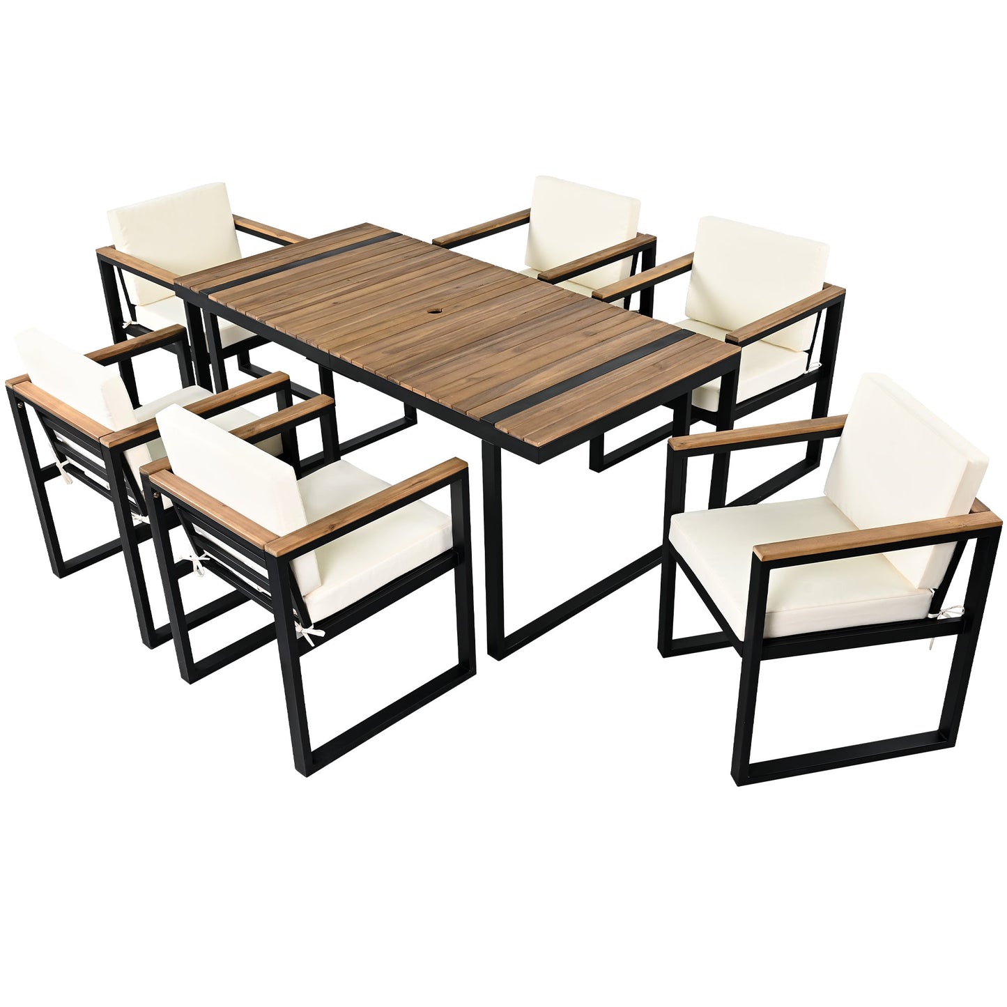 Outdoor Dining Set Acacia Wood Steel Beige Cushion 7 Piece Umbrella Hole