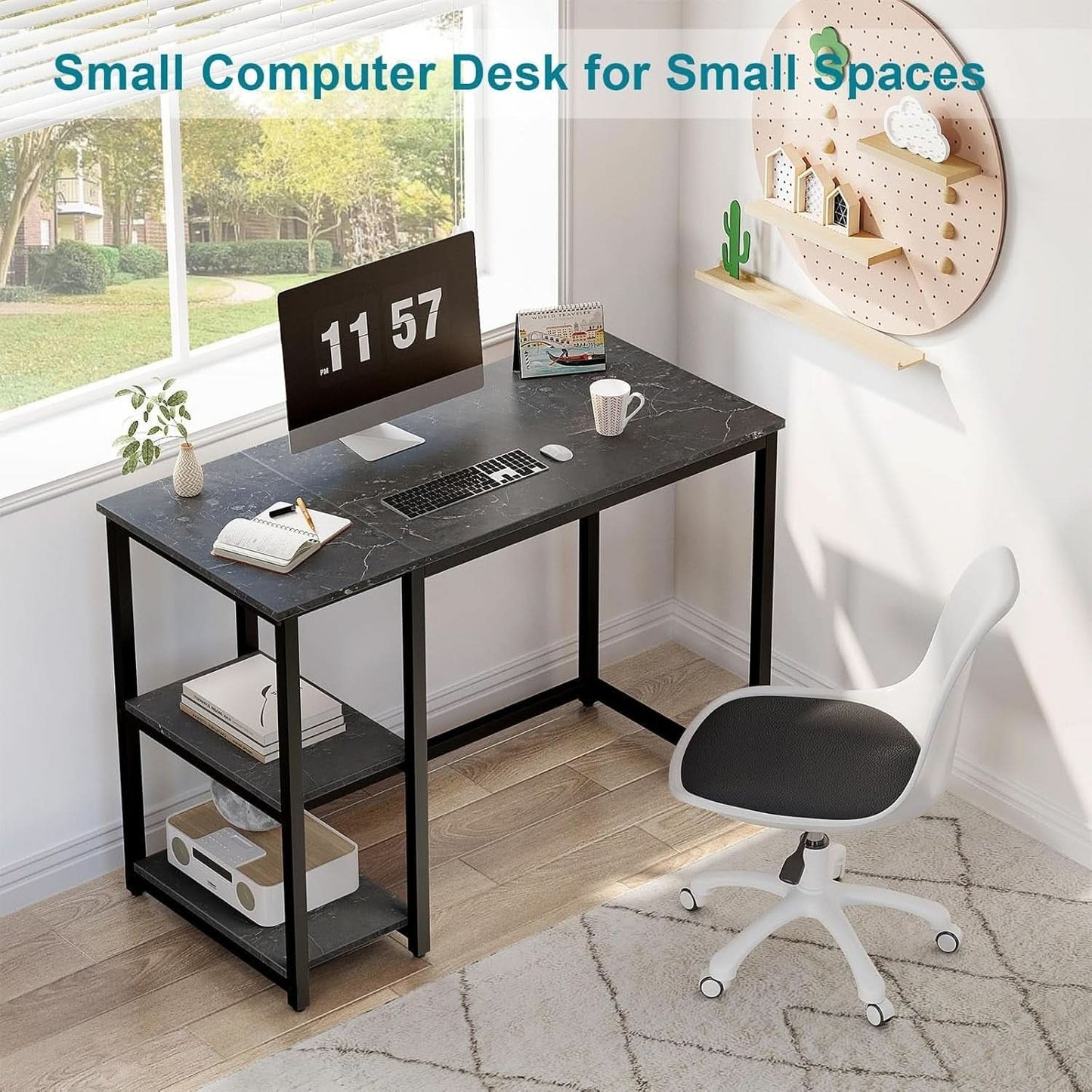 40 Inch Computer Desk With Two Tier Shelves Black Marbling