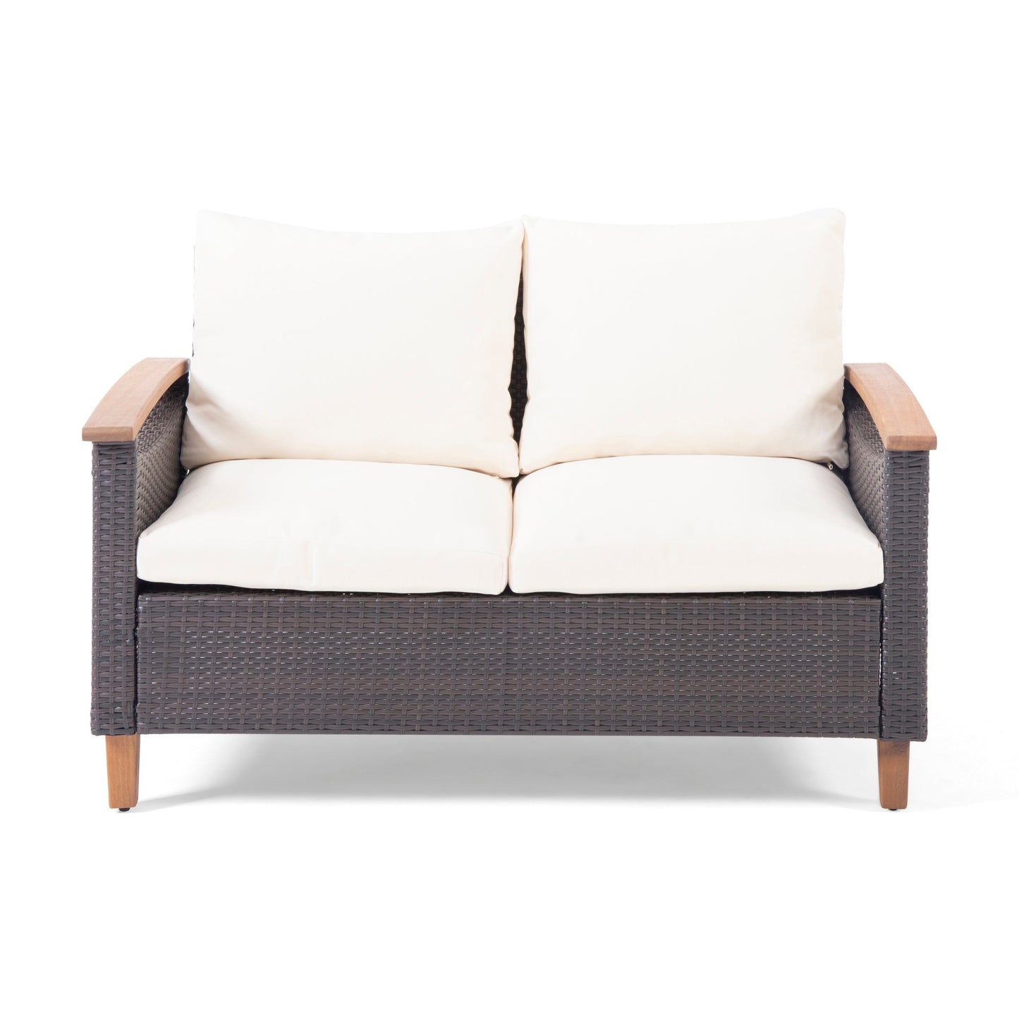 Outdoor Patio Set PE Rattan Acacia Wood Teak Cushions 4 Piece