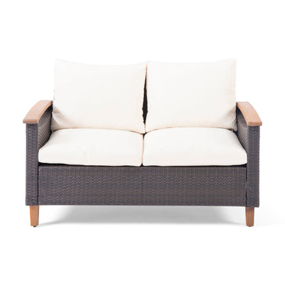 Outdoor Patio Set PE Rattan Acacia Wood Teak Cushions 4 Piece