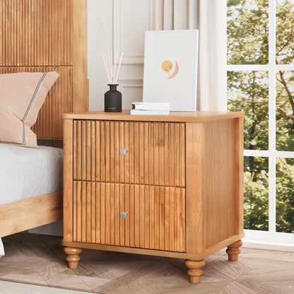 Mid Century Fluted Nightstand with 3 Drawers, 21.65 in Wide, Natural
