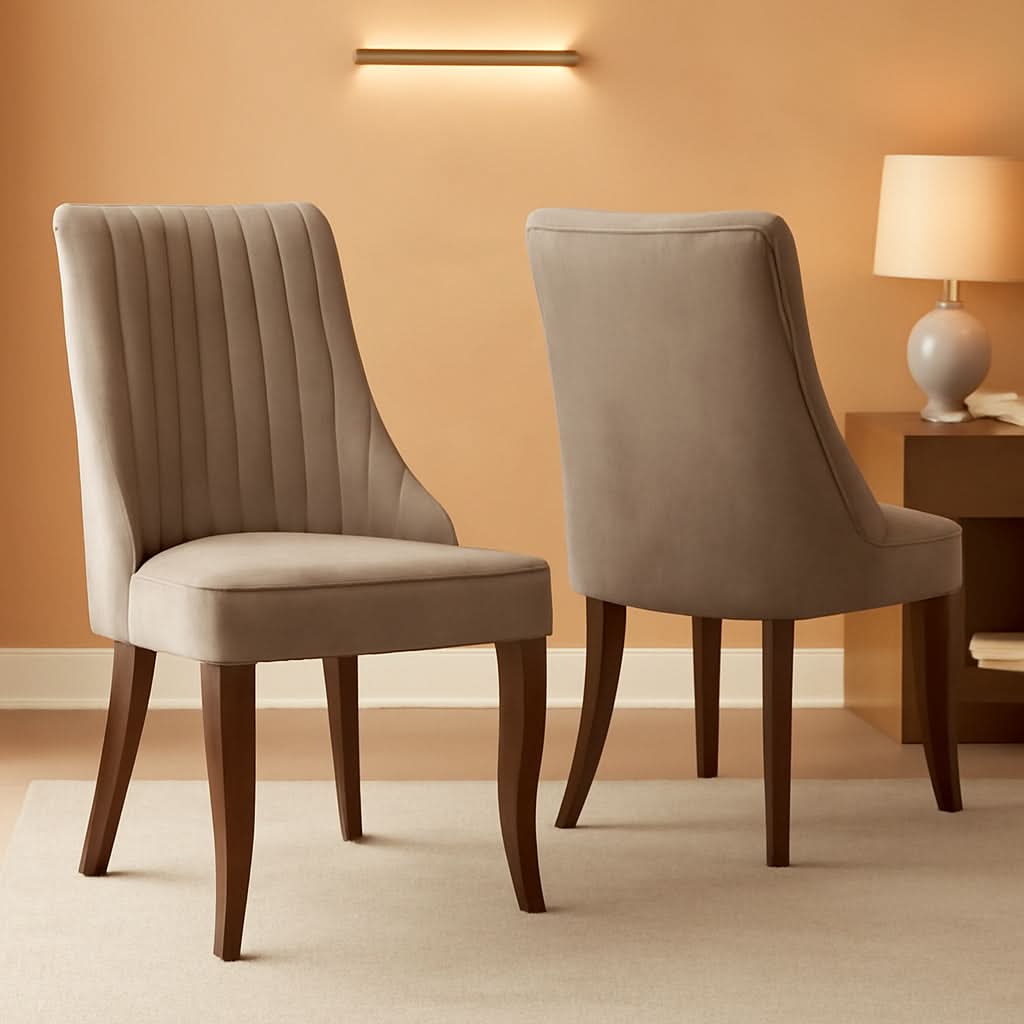Beige Upholstered Dining Chairs 2 Pack Curved Wood Legs