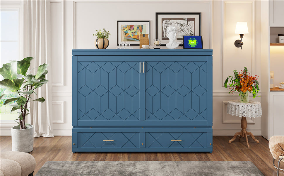 Queen Size Murphy Bed Wall Bed with Drawer and Sockets and USB Ports, Navy Blue