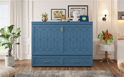 Queen Size Murphy Bed Wall Bed with Drawer and Sockets and USB Ports, Navy Blue