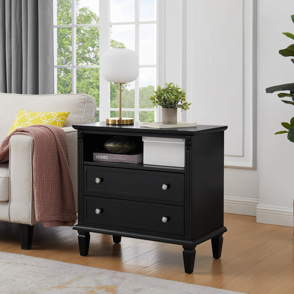 Farmhouse Nightstand with Charging Station | 2 Drawers & Open Shelf | Fluted Side Table with Solid Wood Legs