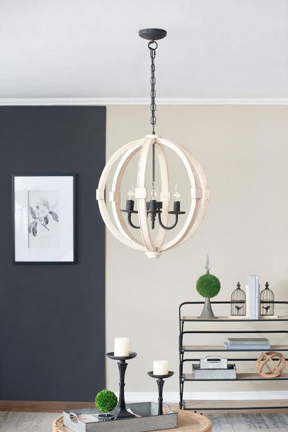 Chandelier 6-Light Wood Hanging Adjustable Chain Kitchen Dining Room