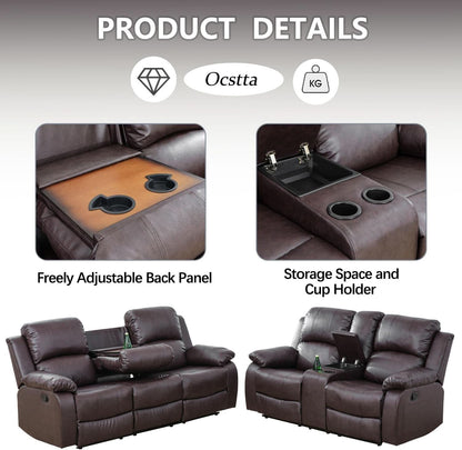 Manual Leather Recliner Sofa Set Brown For Living Room
