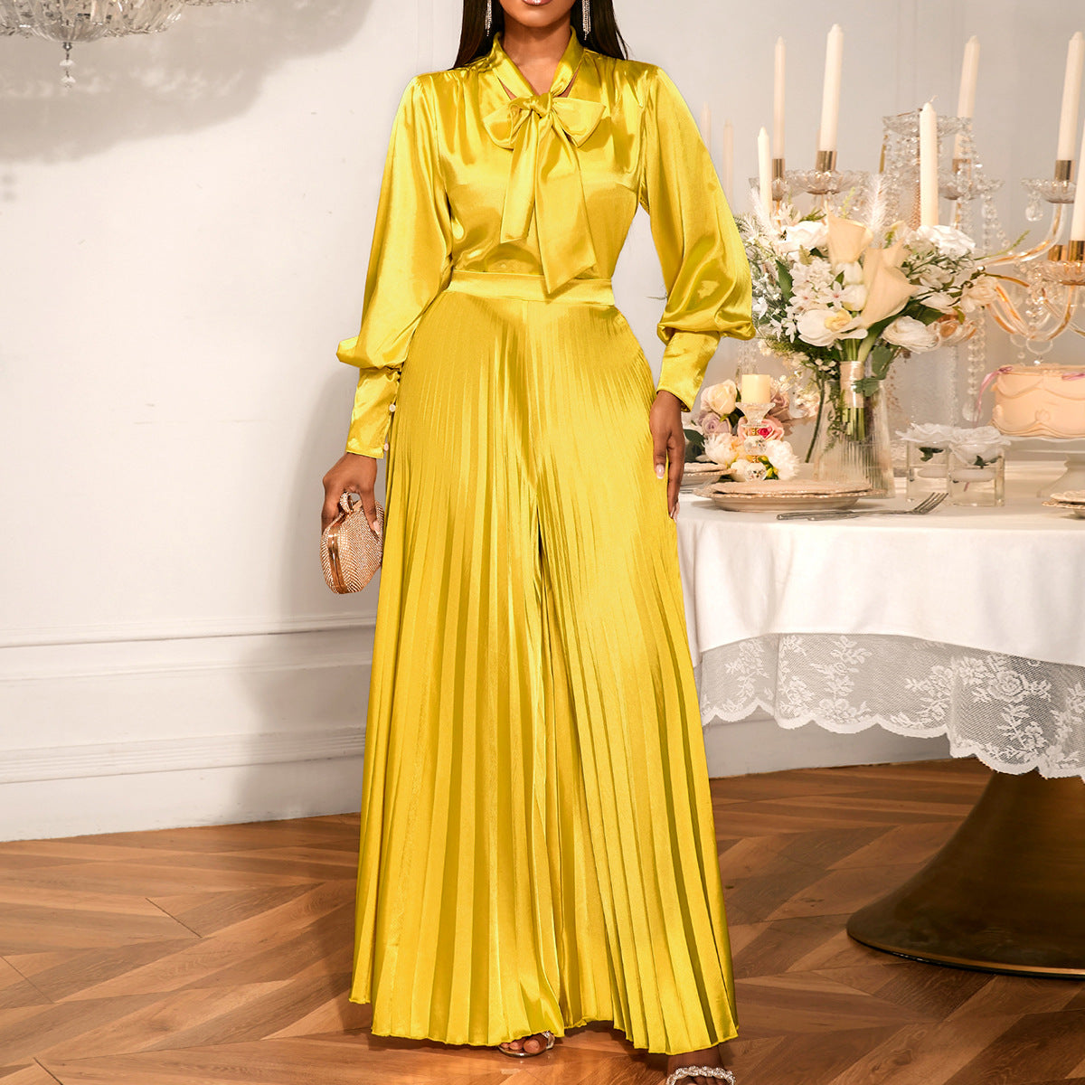 Sexy V-neck Bow Long Sleeve Top Elegant Pleated Wide Leg Trousers Suit