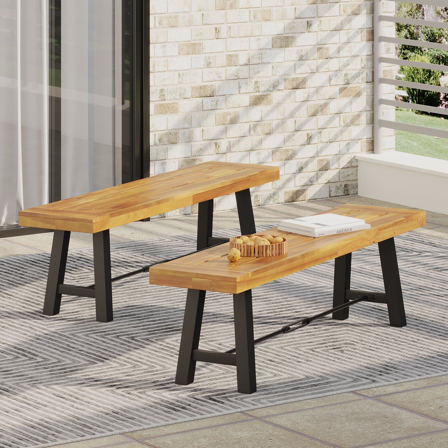 Outdoor Bench Acacia Wood Teak Slat Design Weather-Resistant 63x14.5x17.75 In