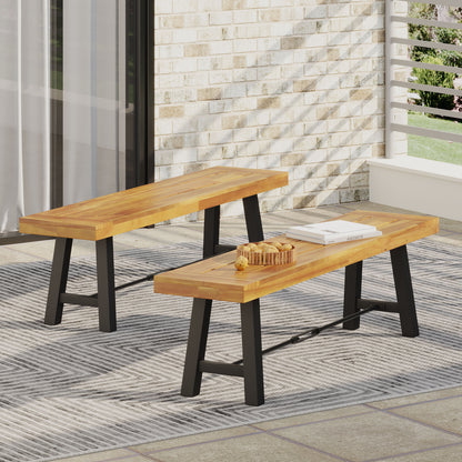 Outdoor Bench Acacia Wood Teak Slat Design Weather-Resistant 63x14.5x17.75 In