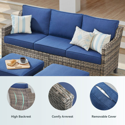 73.2 in Outdoor Patio Sofa, 3-Seat Gray Rattan Couch with Blue Cushions