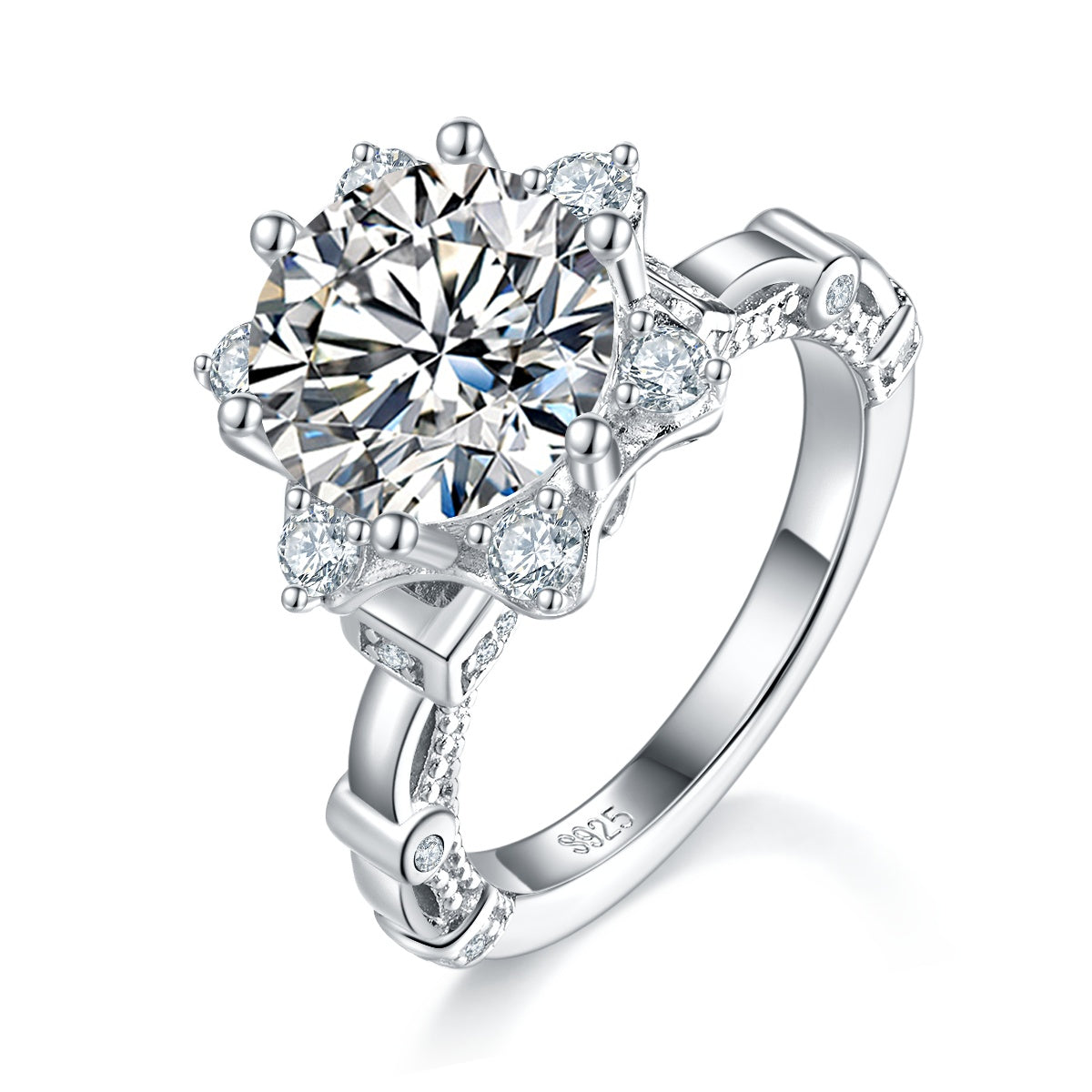 S925 Sterling Silver 3ct Moissanite Ring, 9mm D-VVS1 Star Halo Split Shank, Platinum Plated US Sizes 5-9, GRA Certified Gift Box