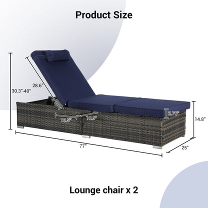 Outdoor Chaise Lounge Chair Set of 2, Rattan Storage Patio Pool Chairs with Cushion