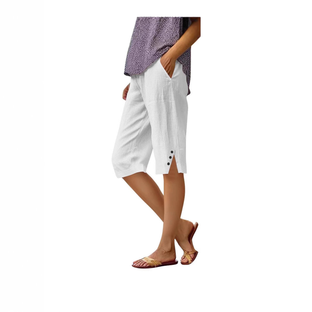 Casual Loose-fit Cotton-linen Drawstring Shorts With Pockets
