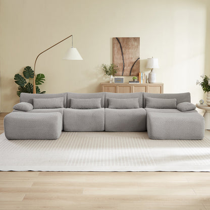 Sectional Sofa U-Shape Convertible Corduroy Gray 6 Seat Ottoman