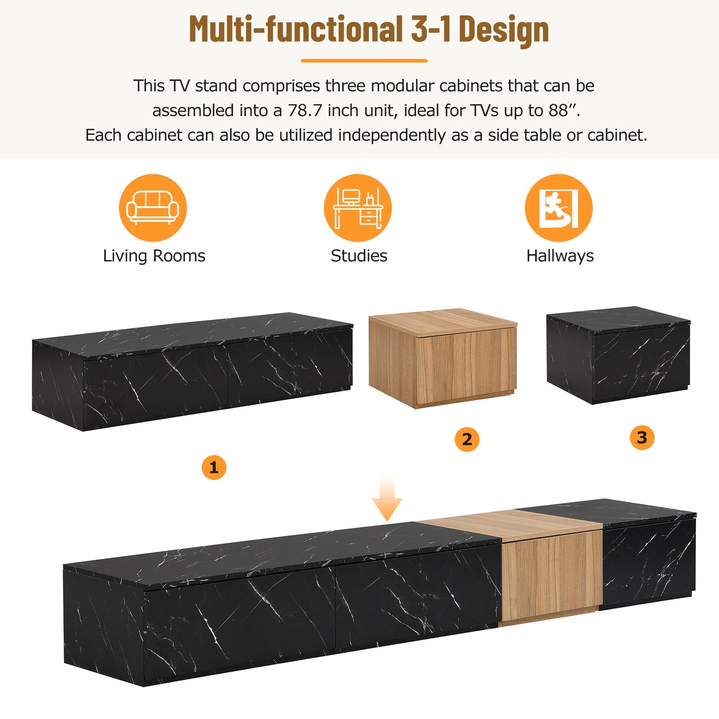 TV Stand Faux Marble Walnut Particle Board 4-Drawer Fits 88 In TV 78.7 In