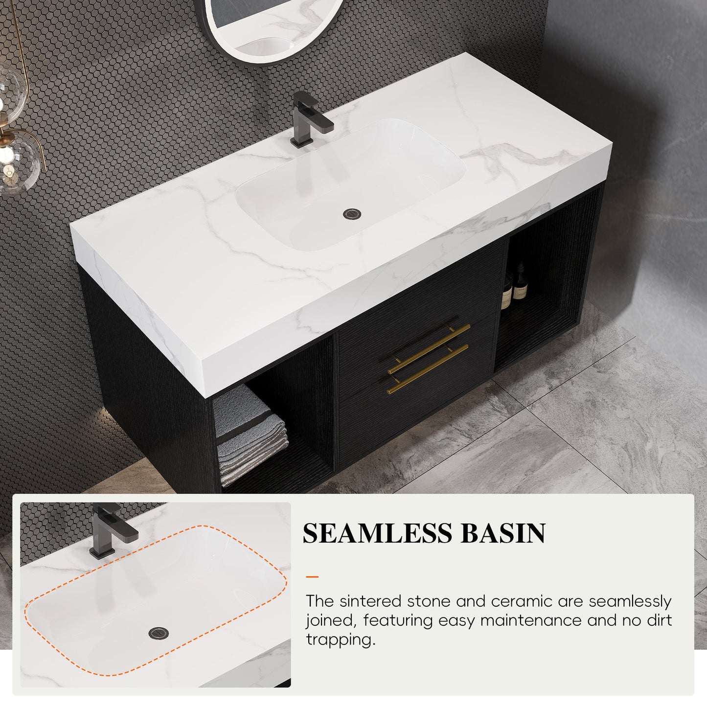 39.4' Floating Bathroom Vanity with Ceramic Sink, 2 Drawers and 2 Open Shelves