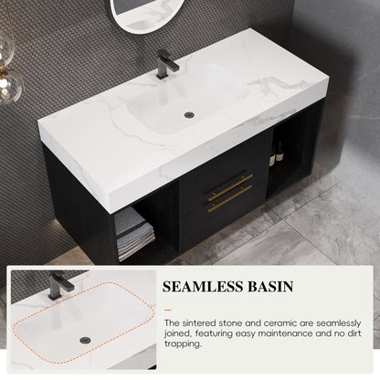 39.4' Floating Bathroom Vanity with Ceramic Sink, 2 Drawers and 2 Open Shelves