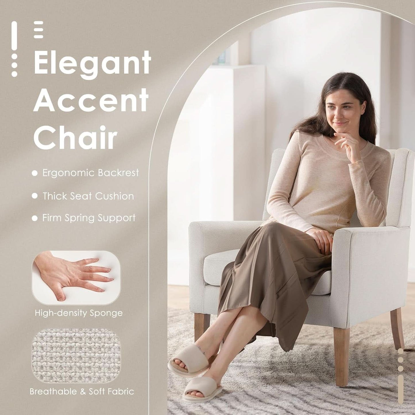 Beige Wingback Chairs With Wood Legs For Living Room