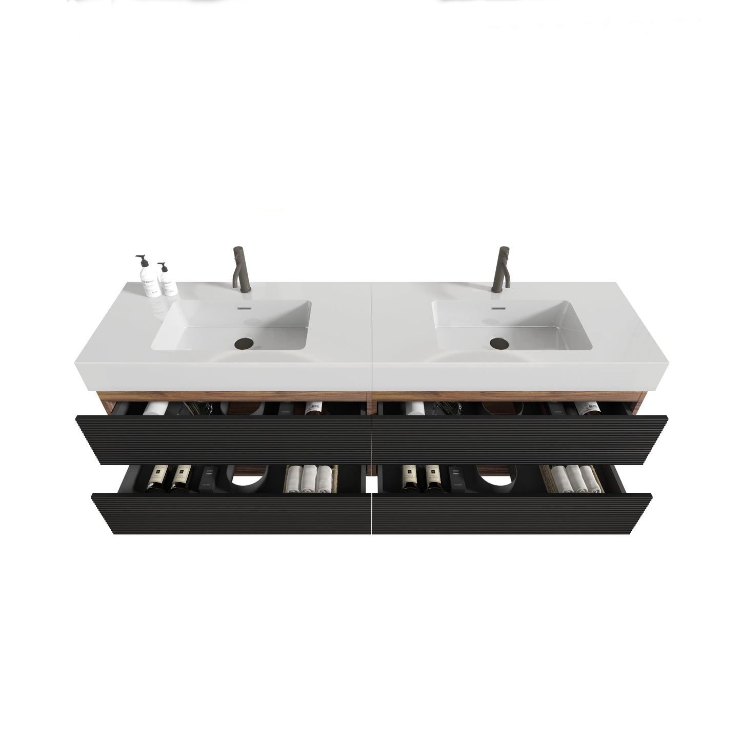 72'' Double Bathroom Vanity with Matt Black Quartz Sink Soft Black Drawers Wall Mount