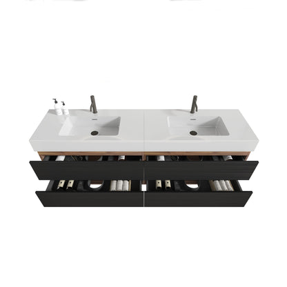 72'' Double Bathroom Vanity with Matt Black Quartz Sink Soft Black Drawers Wall Mount
