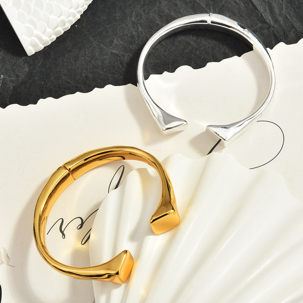 Asymmetrical Square End Open Cuff Bangle, 18K Gold Plated Minimal Sculptural Bracelet, Quiet Luxury European Spanish Women Jewelry