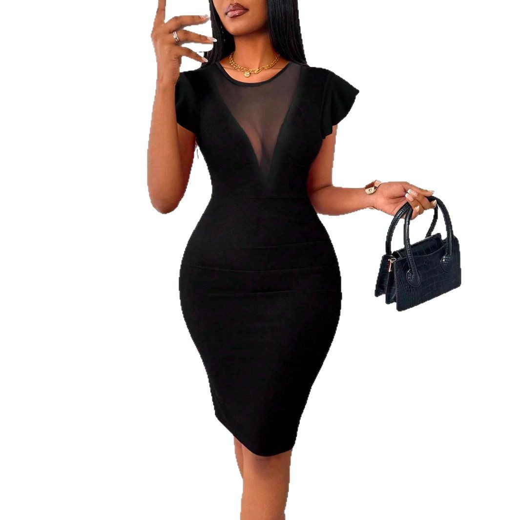 Womens Solid-Color Crew-Neck Elegant Slimming Bodycon Dress