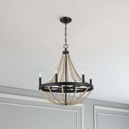Chandelier Farmhouse Wood Beaded 6-Light Black Metal Glass 22 In