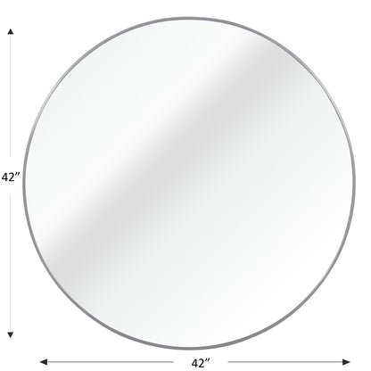Wall Mirror Round Aluminum Frame Silver 42 In HD Glass Shatterproof Film