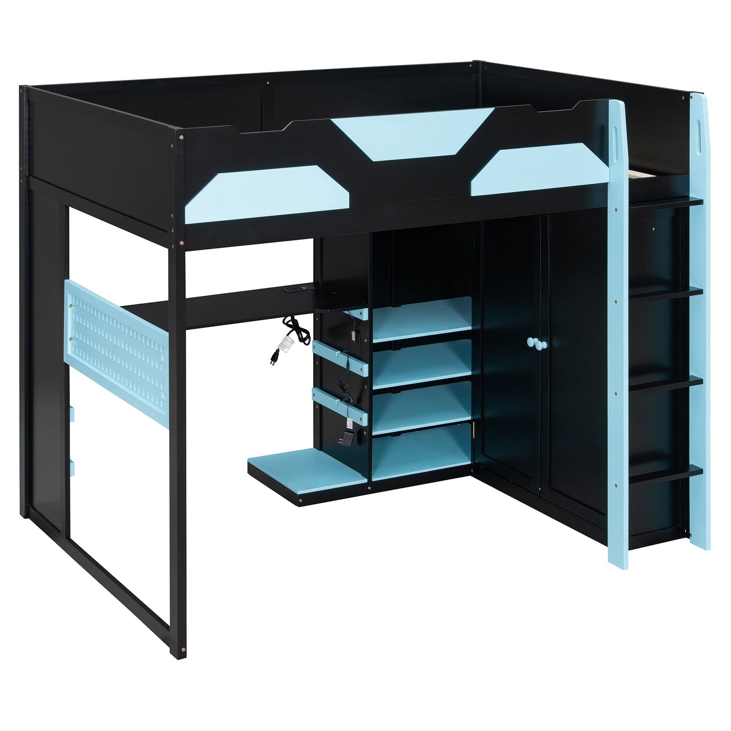 Full Size Wood Loft Bed with Desk, Multi-storage Shelves, USB and RGB Light