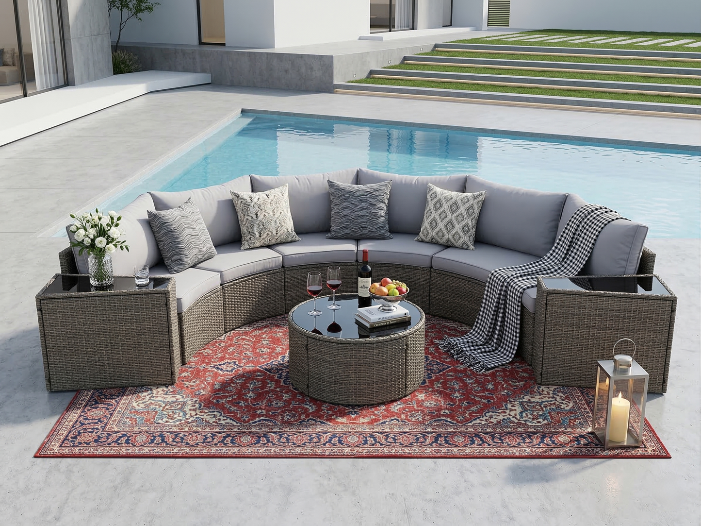 Outdoor Sectional Set PE Rattan Steel Light Gray Half Moon 9 Piece 380 LB