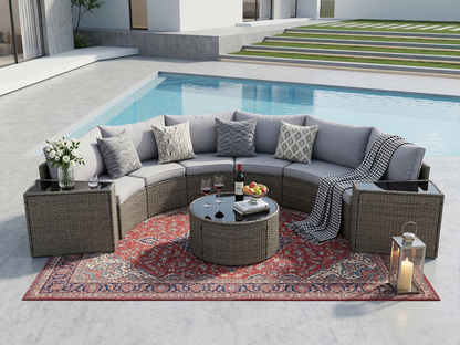 Outdoor Sectional Set PE Rattan Steel Light Gray Half Moon 9 Piece 380 LB