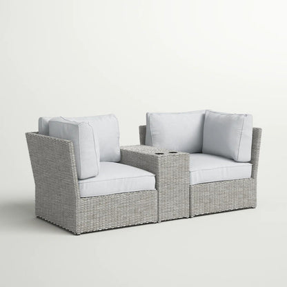 Outdoor Patio Loveseat Set HDPE Wicker Gray 3 Piece Cup Holder Table