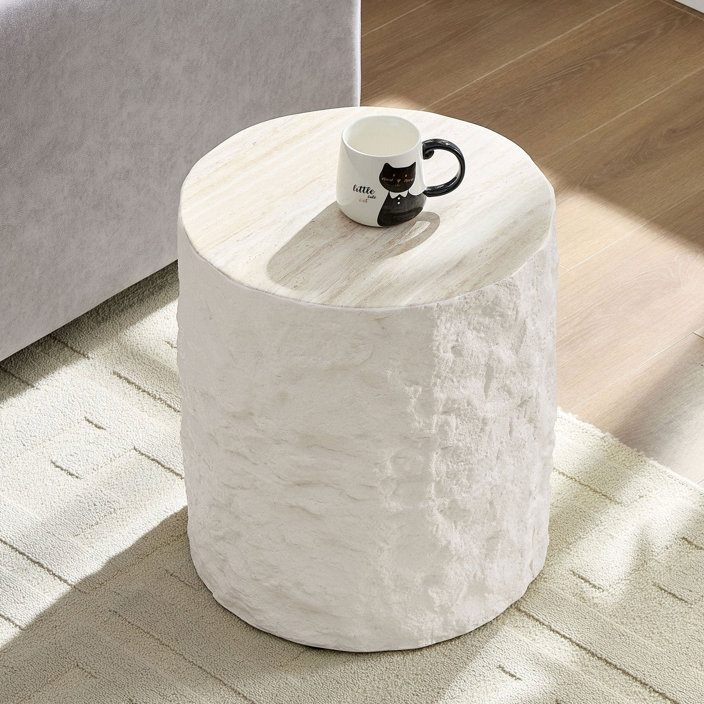 15.75 in Round Fiberglass Side Table, Imitation Stone Design, No Assembly, Beige