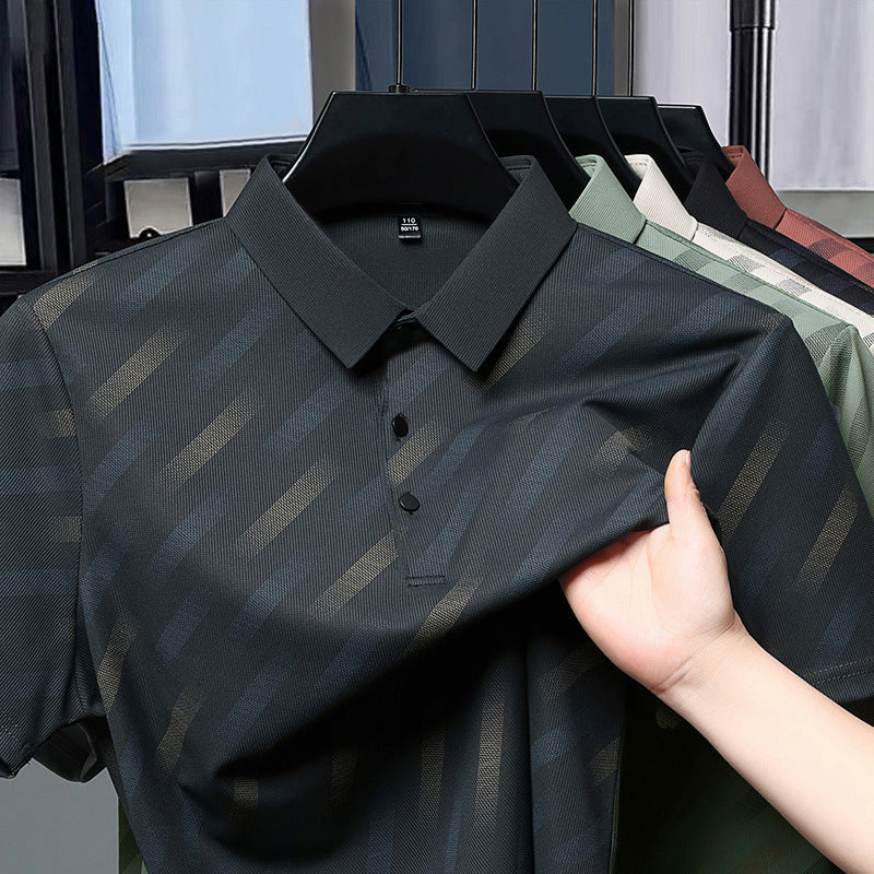 Mens Mid-age Lapel Short-sleeve T-shirt Top