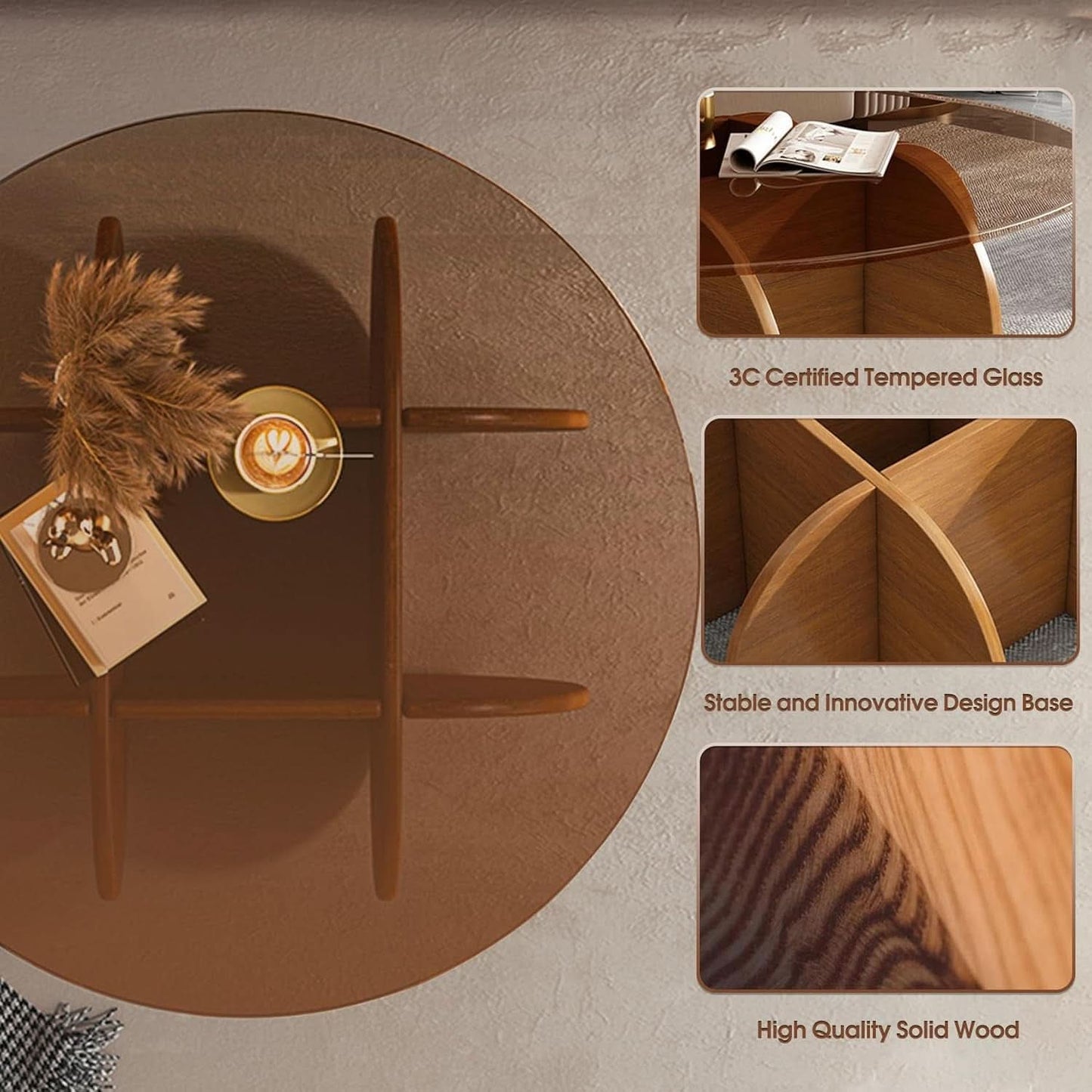 Contemporary Circular Glass Coffee Table Wooden Legs