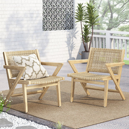 Club Chair Transitional Wicker Light Brown Acacia Frame Set of 2 24x27x28 In