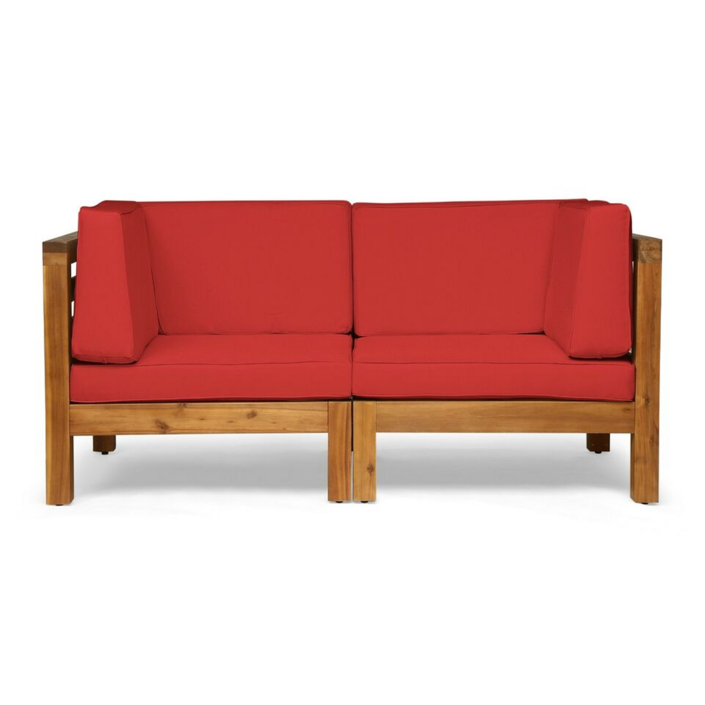 2-Piece Love Seat Set with Water-Resistant Cushions, Red, Acacia Wood Frame,