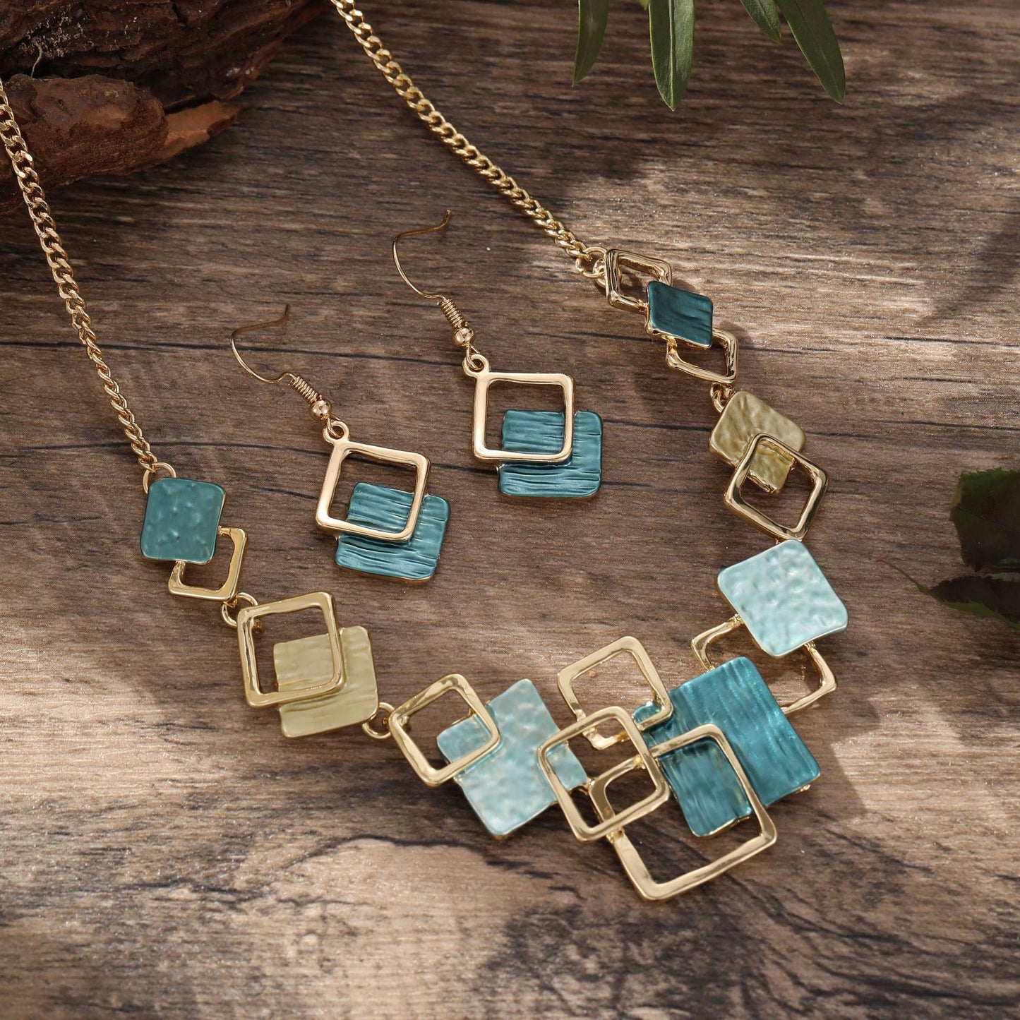 Color Painting Oil Geometric Square Ear Studs Bracelet And Necklace Set