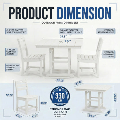 Outdoor Patio Dining Set HDPE White 3 Piece Square Table 2 Chairs Seats 2