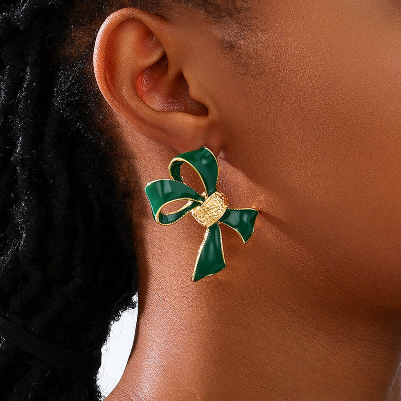 Dripping Oil Green Bow Womens Earrings