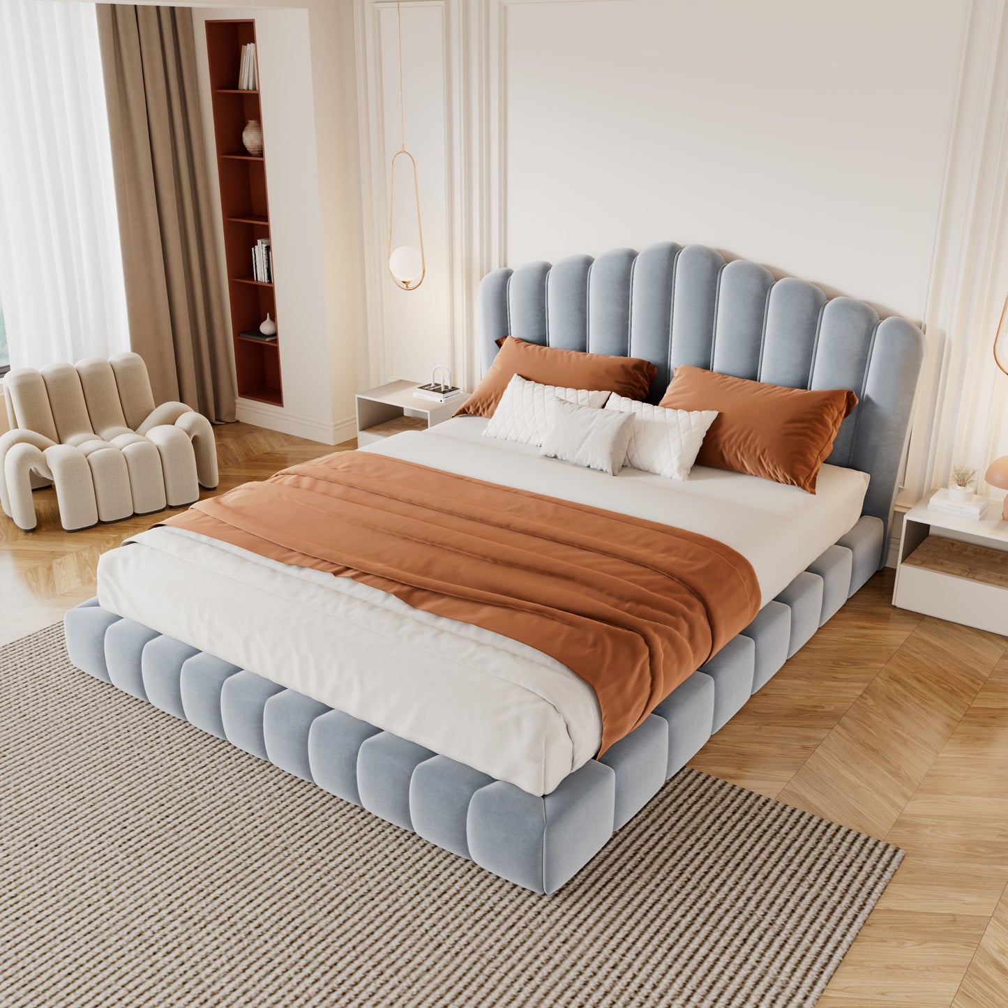 Velvet Upholstered Queen Bed Frame with Shell-Shaped Headboard, Light Blue