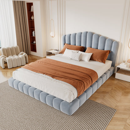 Velvet Upholstered Queen Bed Frame with Shell-Shaped Headboard, Light Blue