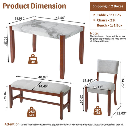 4-Piece Dining Set, 1 Marble-Look Table with 2 Upholstered Chairs and 1 Bench