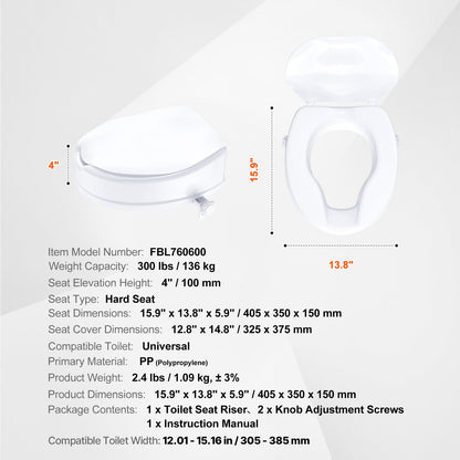 Raised Toilet Seat 4 In Height Polypropylene Universal Screw Lock 300 LB