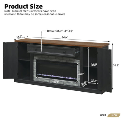 TV Stand Fireplace Black MDF Walnut Top Gray Brick 1400W Fits 70 In TV 66.9 In