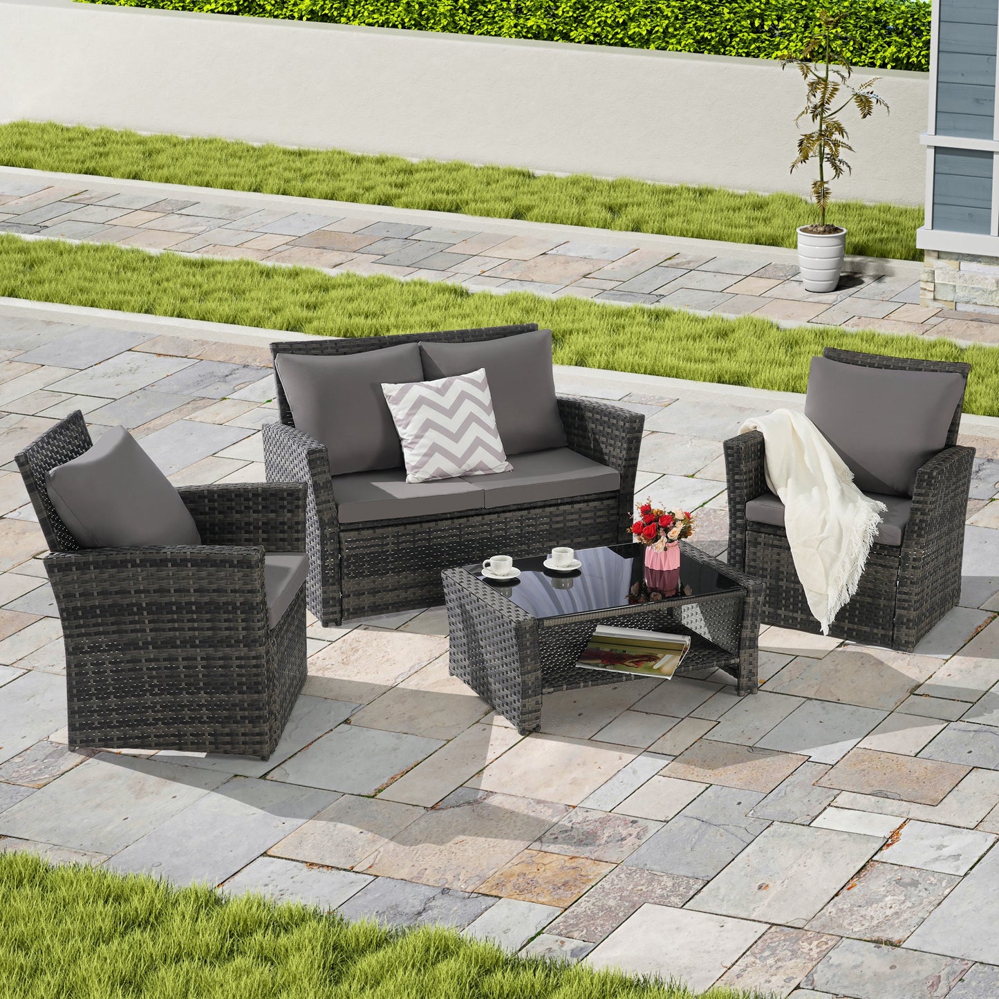 Outdoor Patio Set PE Rattan Steel Dark Gray 4 Piece Glass Seats 4