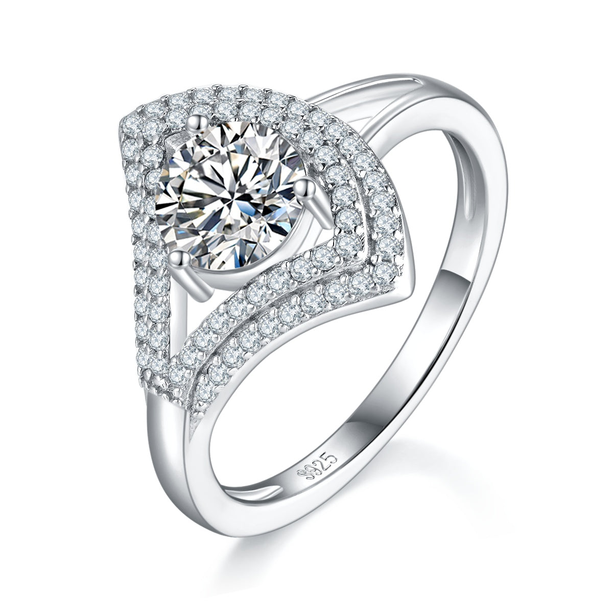 S925 Sterling Silver 1ct Moissanite Ring, D-VVS1 Round Cut Geometric V-Halo, Platinum Plated 3g US 5-9 GRA Gift Box